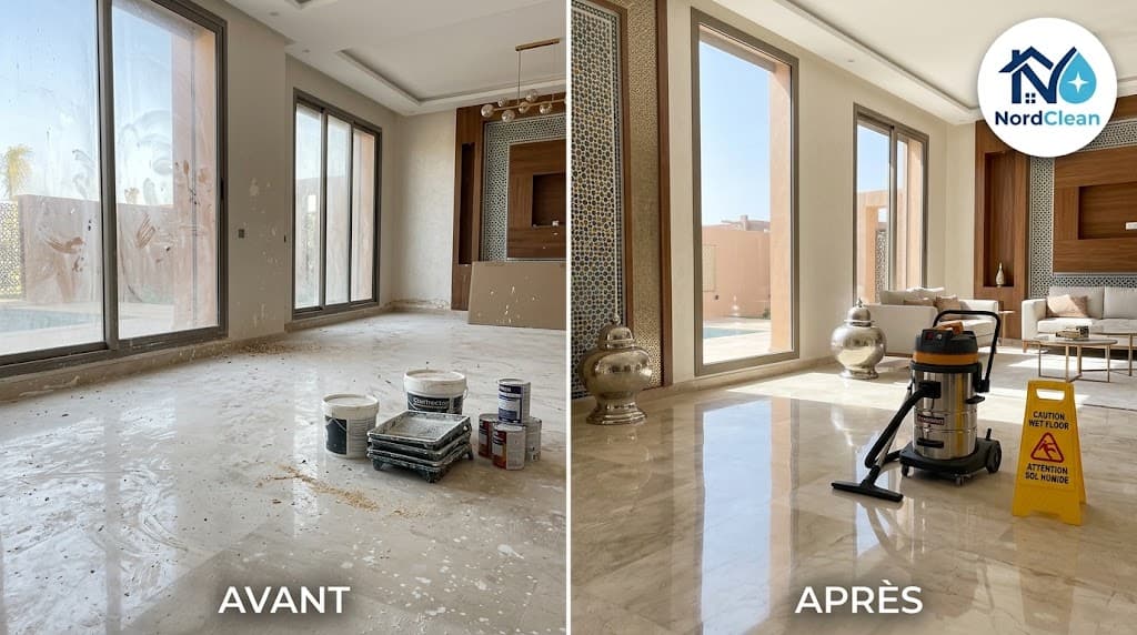 Grand salon avant et après travaux : pots de peinture sur le sol, puis sol brillant avec aspirateur industriel