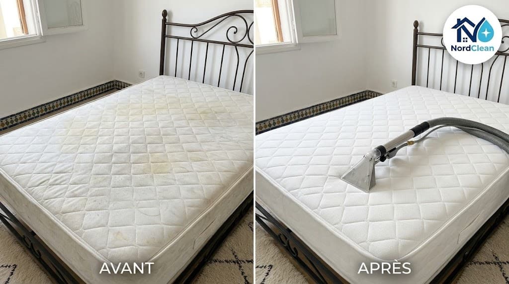 Matelas double avant et après nettoyage, lance d'extraction posée sur le tissu matelassé