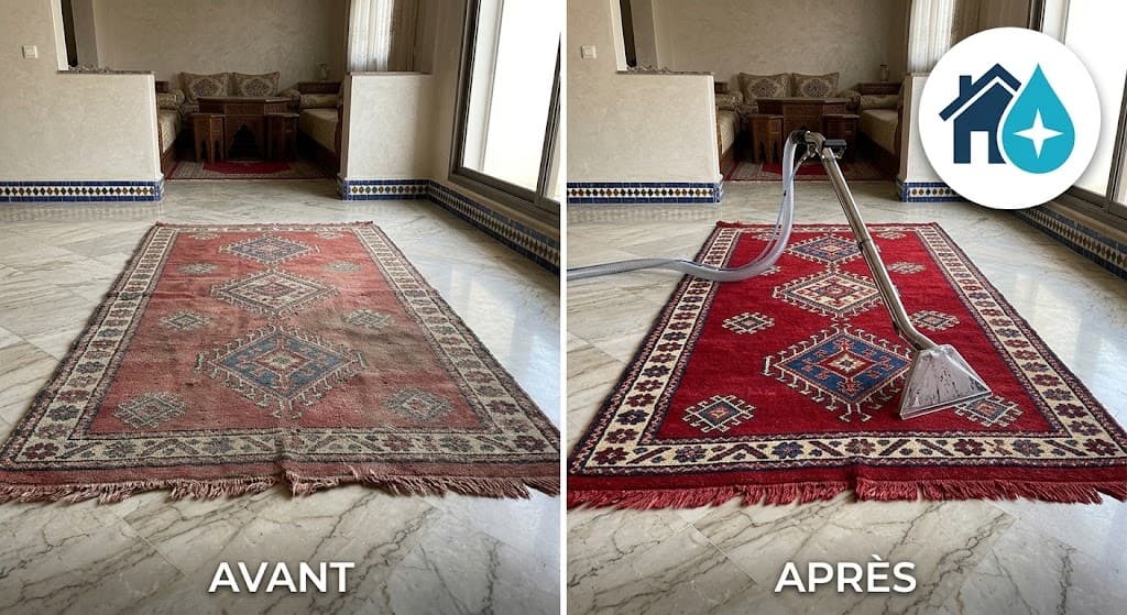 Tapis rouge à motifs marocains avant et après lavage, posé sur un sol en marbre