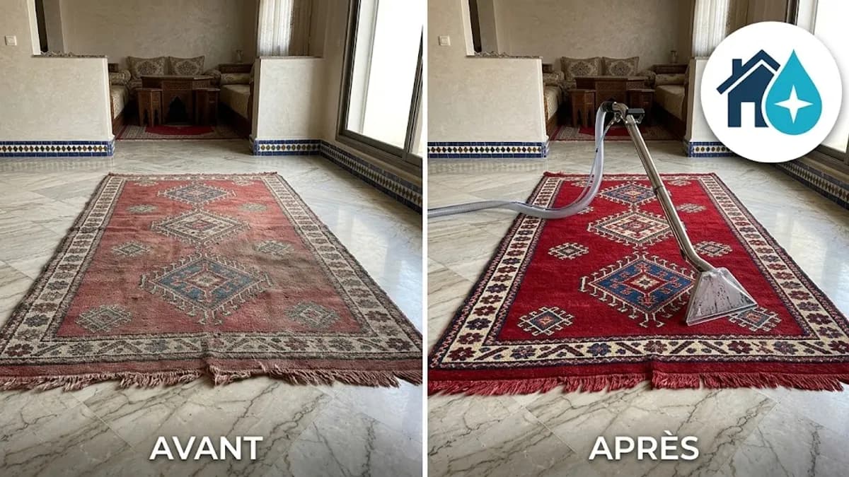 Illustration : Tapis marocain aux motifs géométriques traditionnels sur un sol soigné