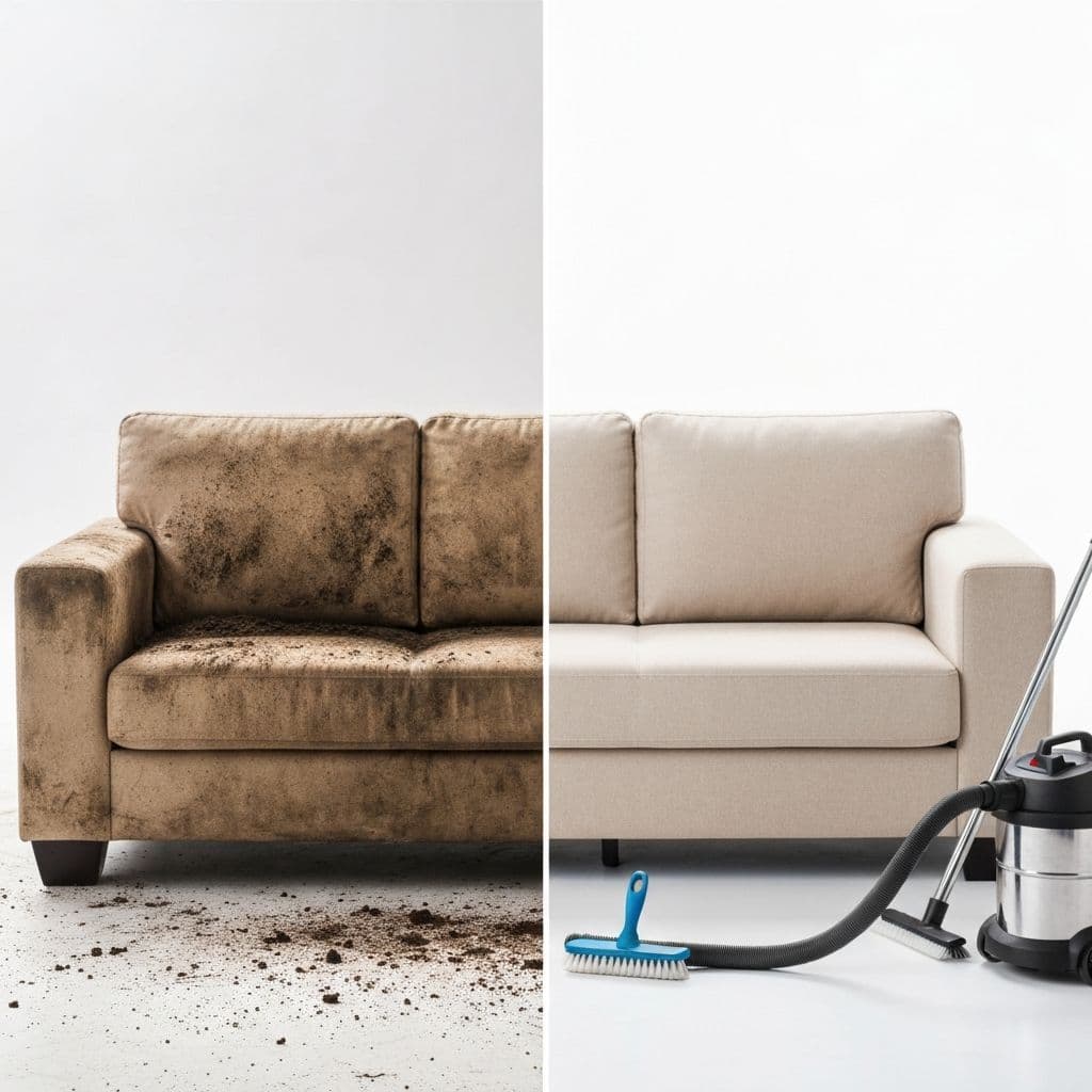 Canapé avant et après nettoyage, avec aspirateur et brosse