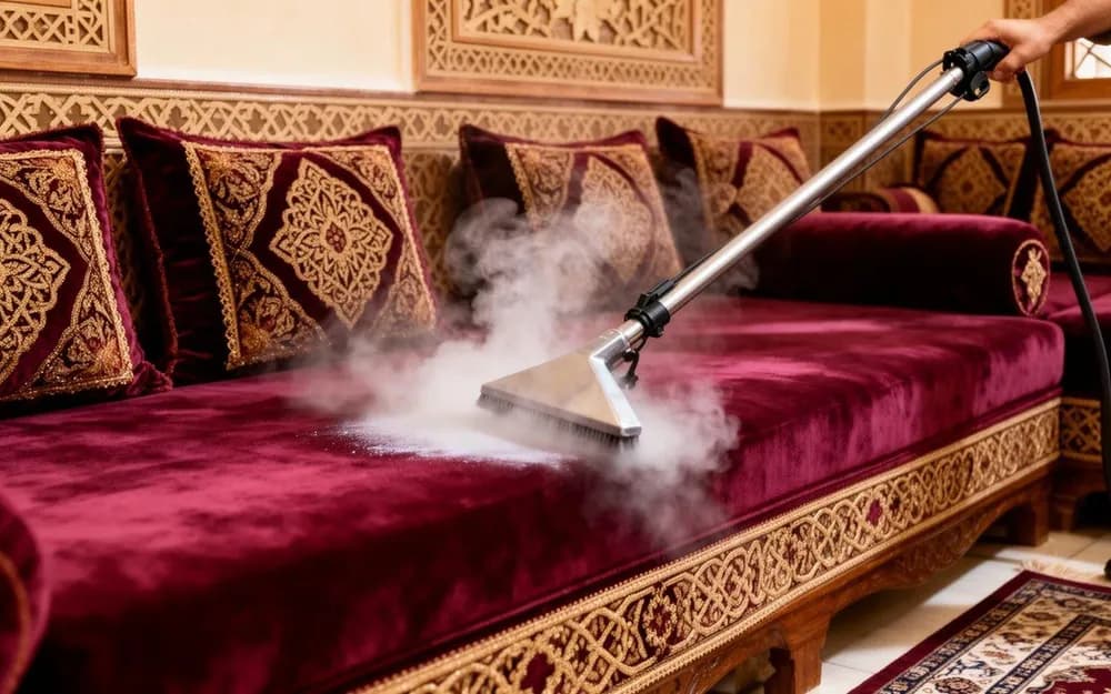 Illustration : Salon marocain aéré et éclatant prêt à accueillir les invités à Tanger