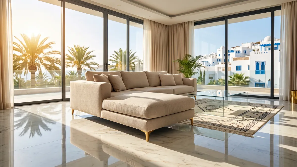 Illustration : Salon spacieux et lumineux d'une villa contemporaine parfaitement propre à Tanger